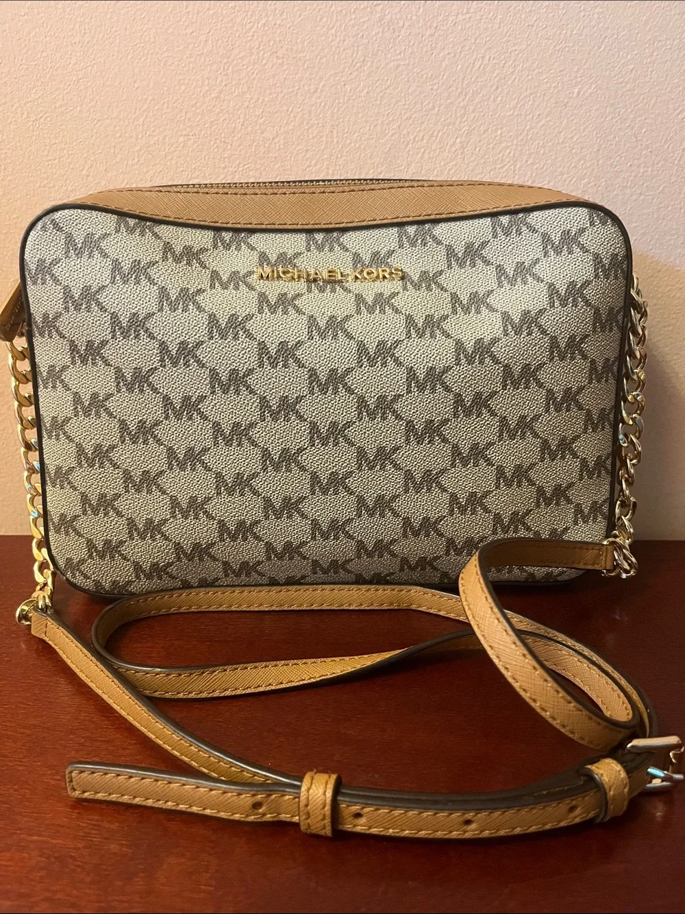 Michael Kors Signature Logo Crossbody in Beige and Acorn